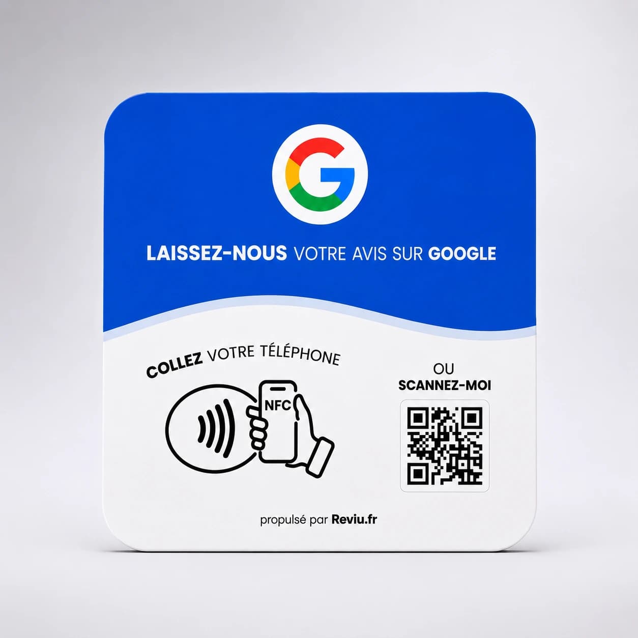 Présentoir Reviu NFC et QR code pour avis Google, vue de face